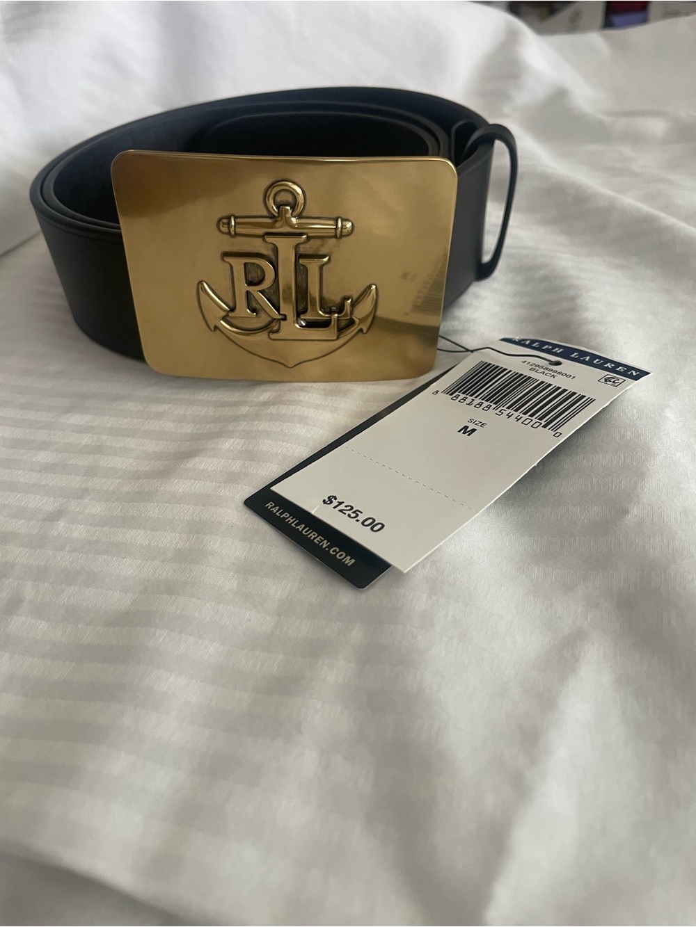 Ralph Lauren Black Leather Belt with Gold Anchor RL Plaque Buckle - Picture 2 of 6